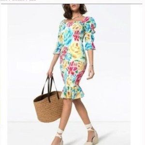 ALL THINGS MOCHI Womens Silk Knee Dress Size Small Mariana Shirred Colorful